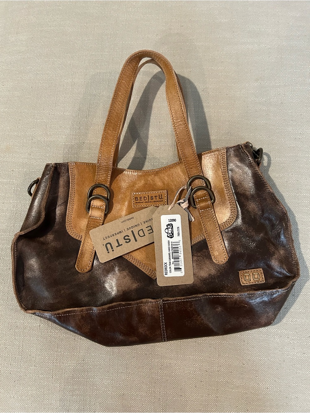 BED|STU Redrock Teak and Bone Distressed Brown Leather Tote Bag with strap